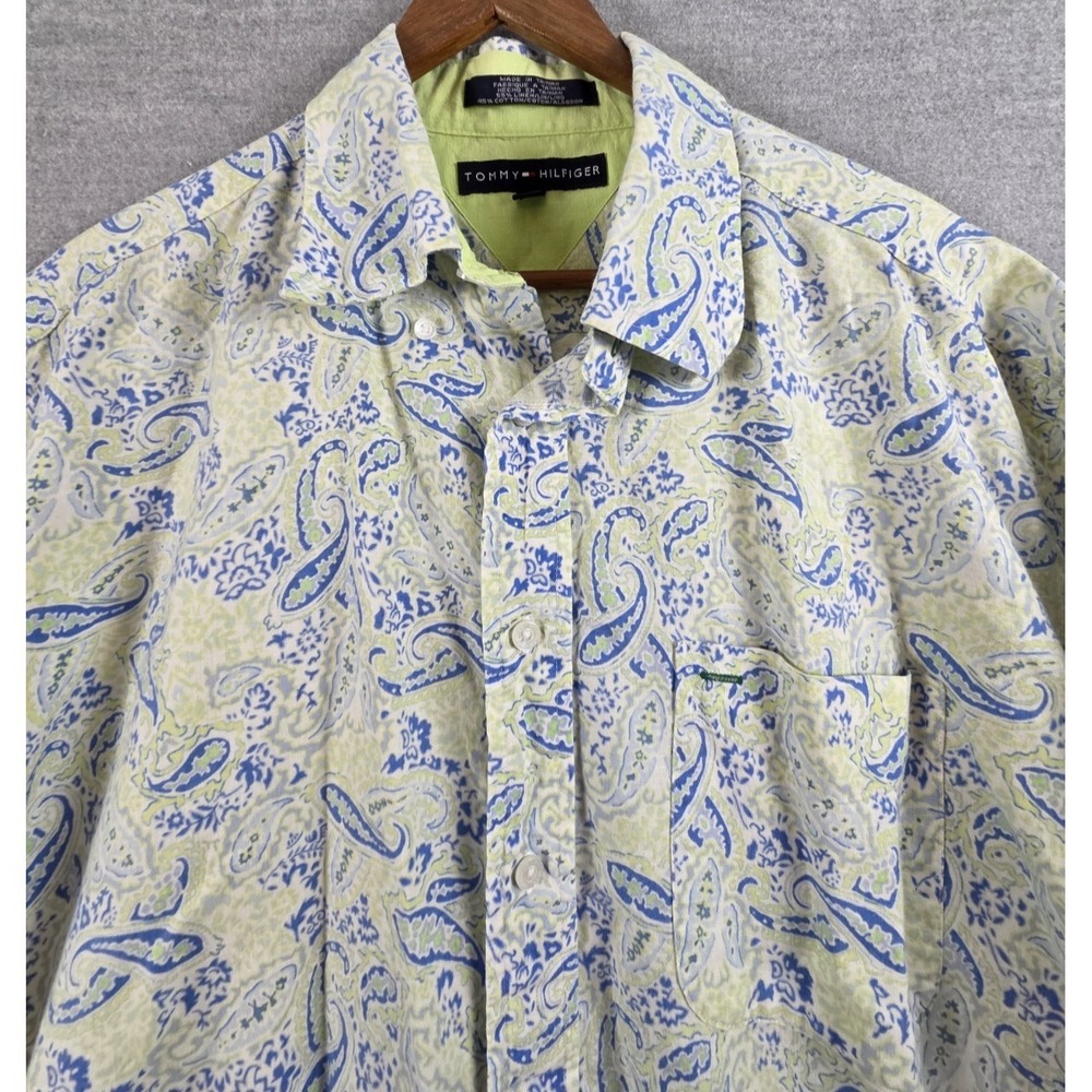 Tommy Hilfiger Shirt L Linen Blend Blue Yellow Paisley Button Up Crest Logo